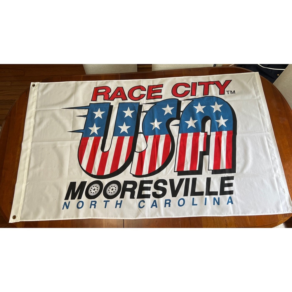 Race City USA Mooresville North Carolina White Flag Banner Sign Red Blue 5' X 3'